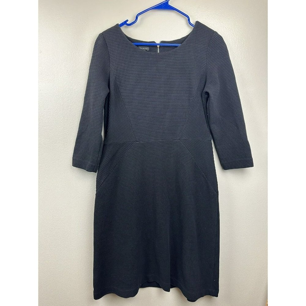Talbots Fit & Flare Dress Womens Sz 8 Black Ribbed Knit 3/4 Sleeve Silver Zip